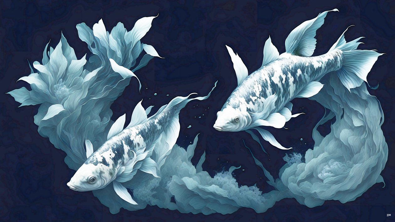 inkt schilderij: Koi-karper witte marmer 04 door Josef Johann Michel