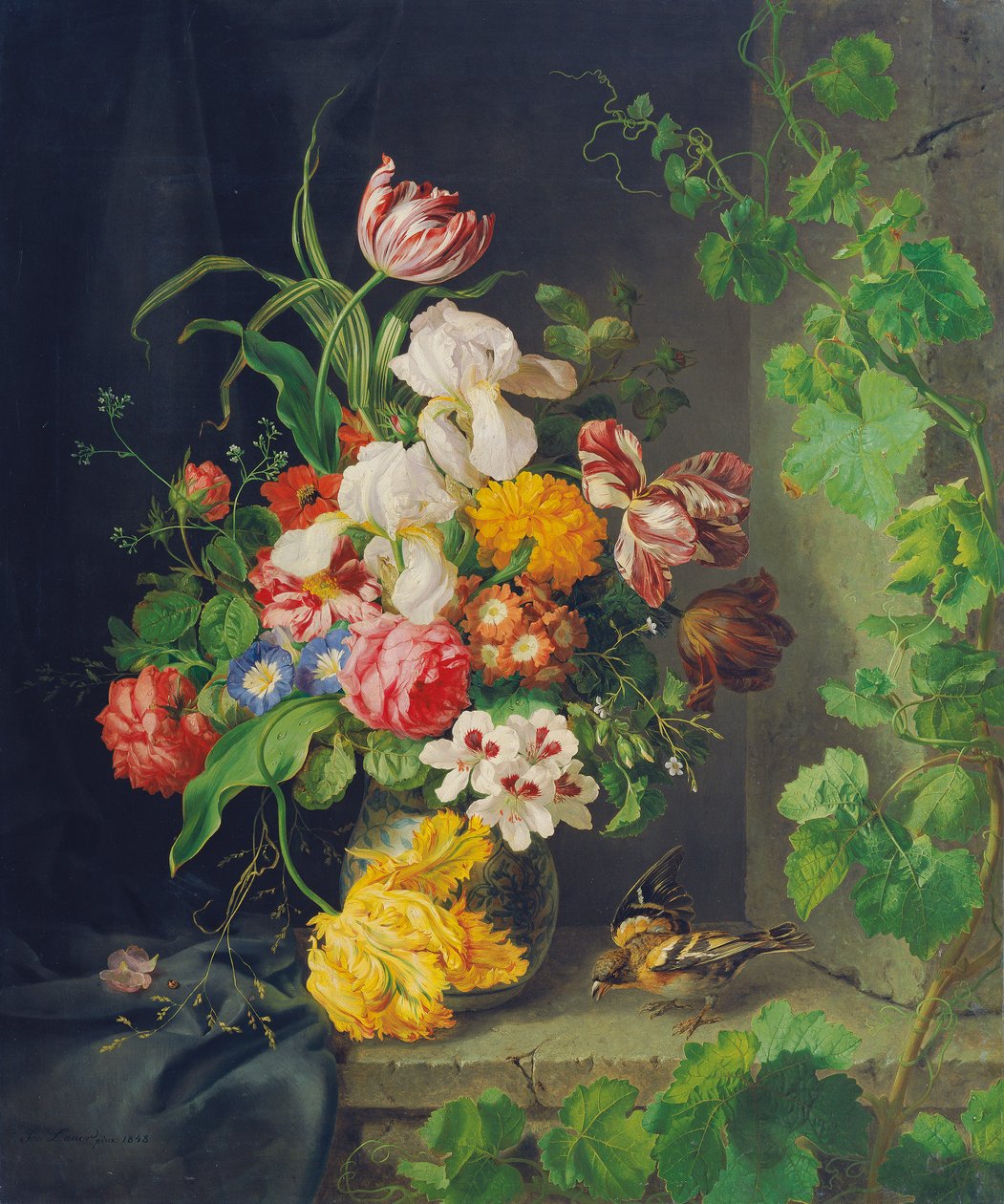 Bloemenstilleven met mus en wijnrank door Josef Lauer