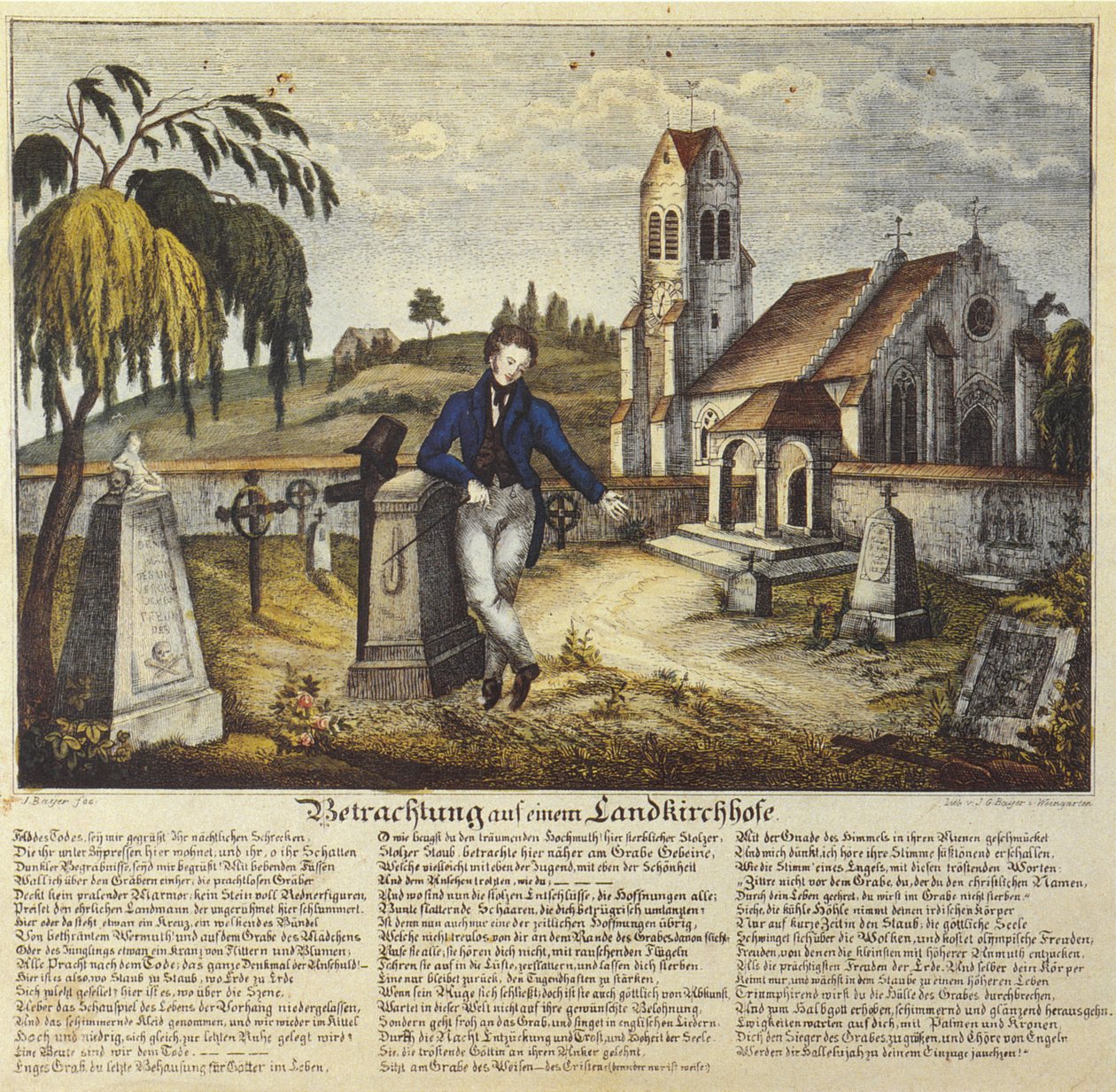 Overpeinzing op een landkerkhof, devotieprent met gebedstekst, tekening van Joseph Bayer door Joseph Bayer