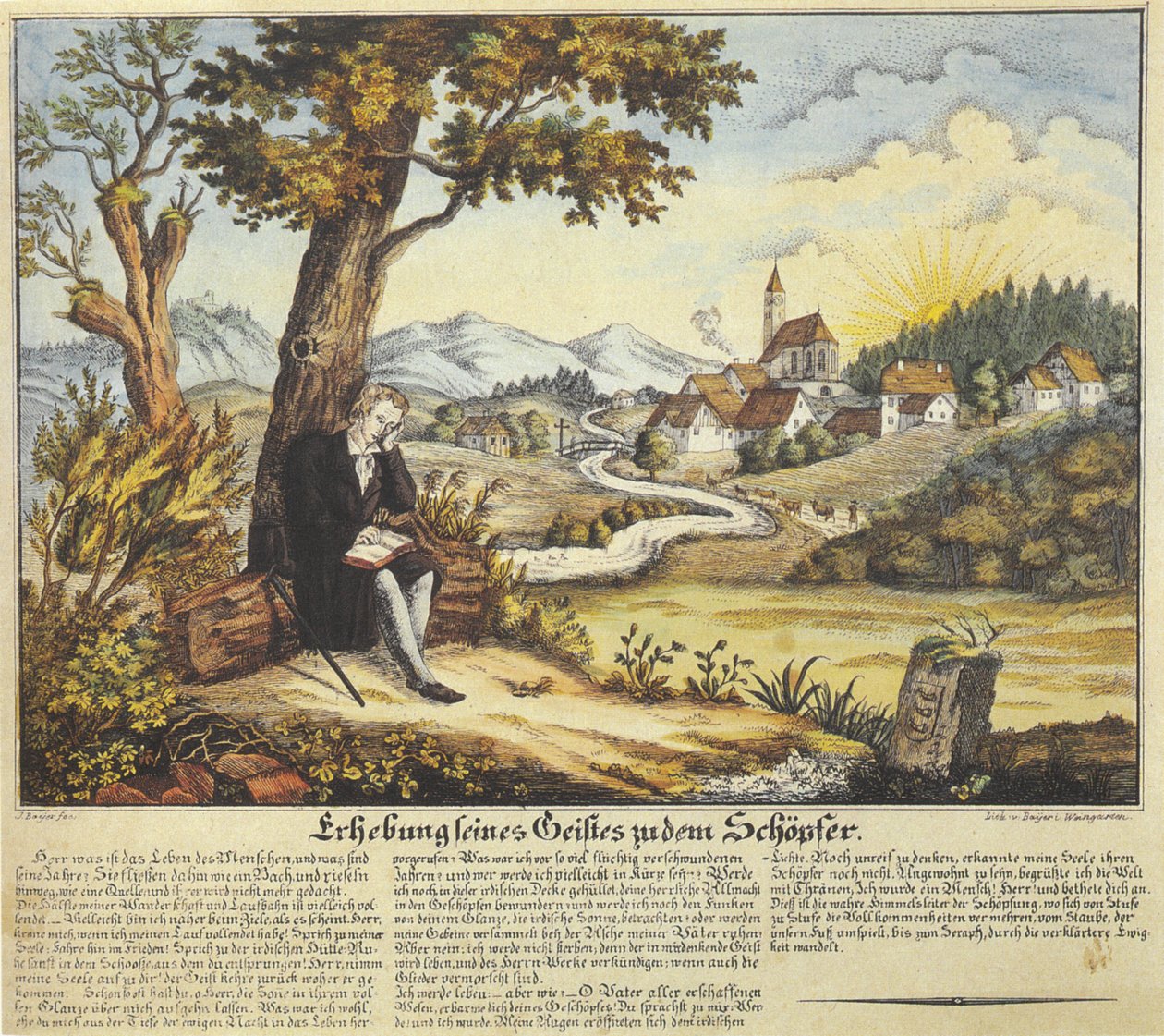 Verheffing van zijn geest tot de Schepper, devotieprent met gebedstekst, gekleurde lithografie, voor 1846 door Joseph Bayer