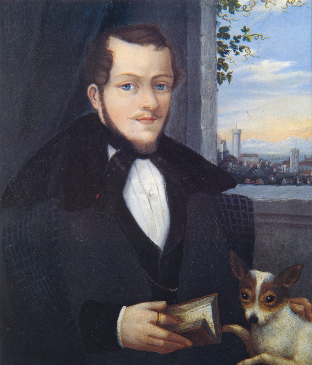 Zelfportret Joseph Bayer met hond door Joseph Bayer