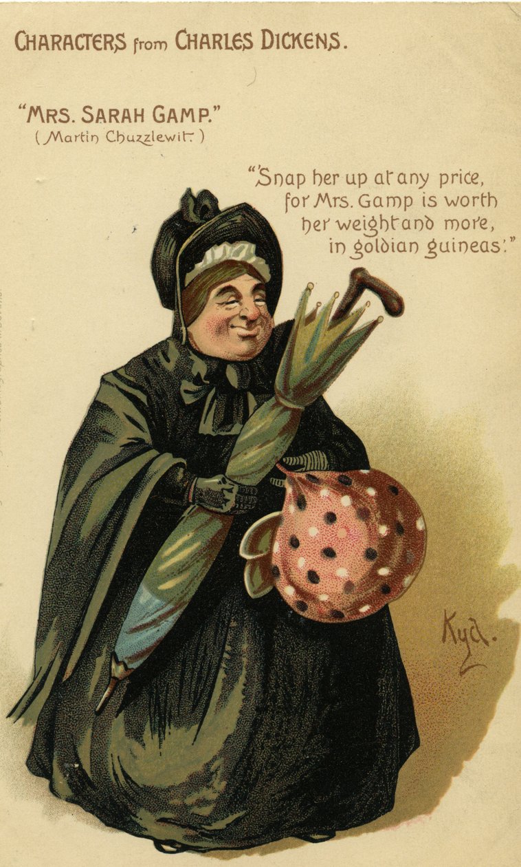 Personages uit Charles Dickens - Mevrouw Sarah Gamp uit Martin Chuzzlewit, Ansichtkaart, ca. 1903 door Joseph Clayton Clarke