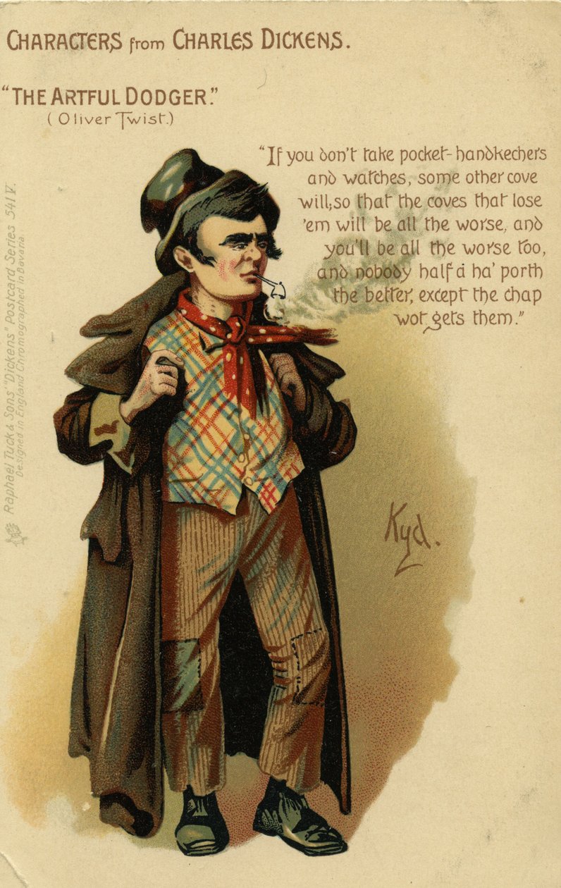 Personages uit Charles Dickens - The Artful Dodger uit Oliver Twist, Ansichtkaart, c.1903 door Joseph Clayton Clarke