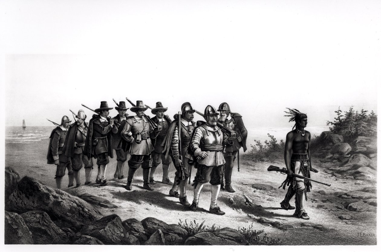 De mars van Miles Standish, gegraveerd door Armstrong en Co., 1873 door Joseph Baker