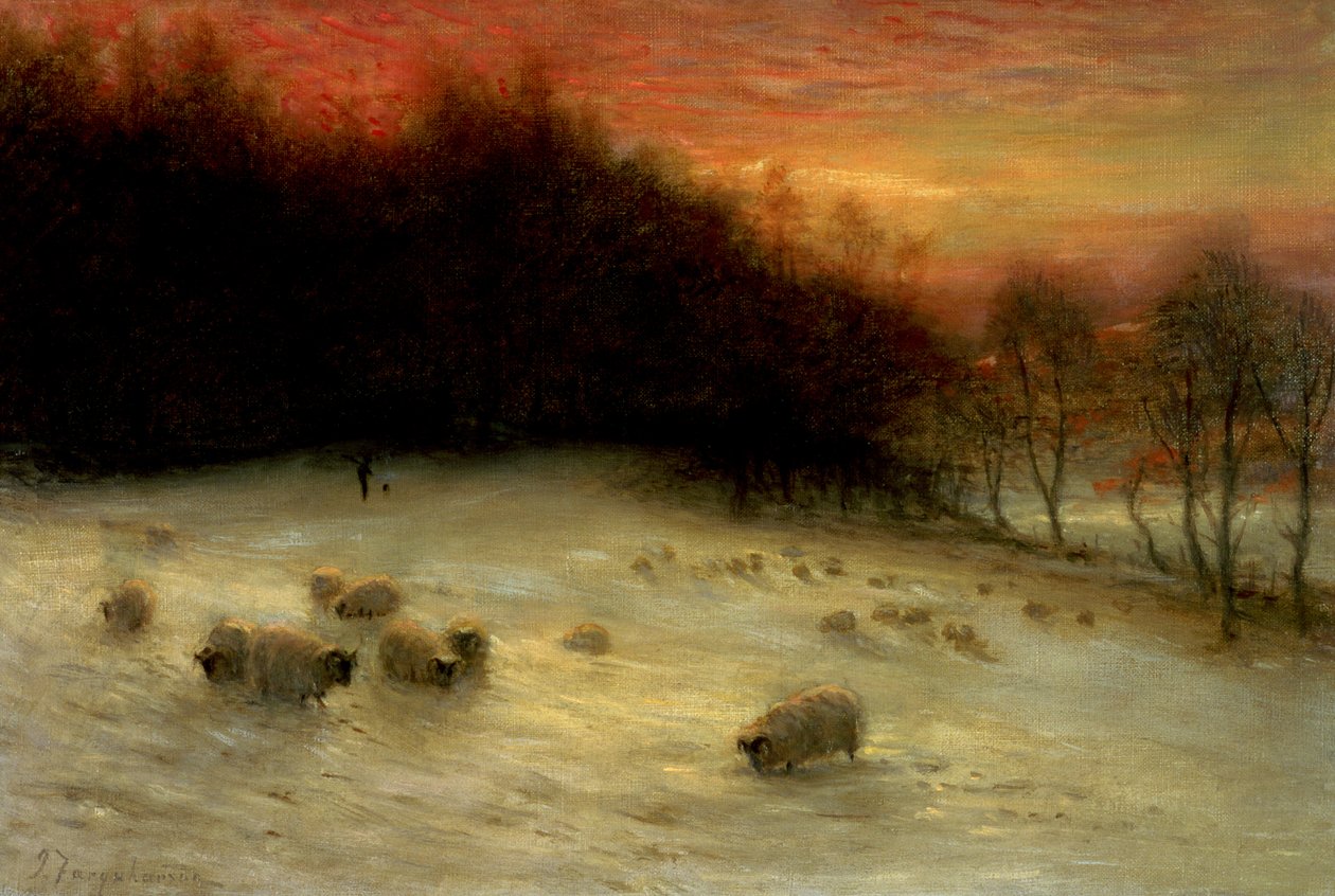 Schapen in een winterlandschap, avond door Joseph Farquharson