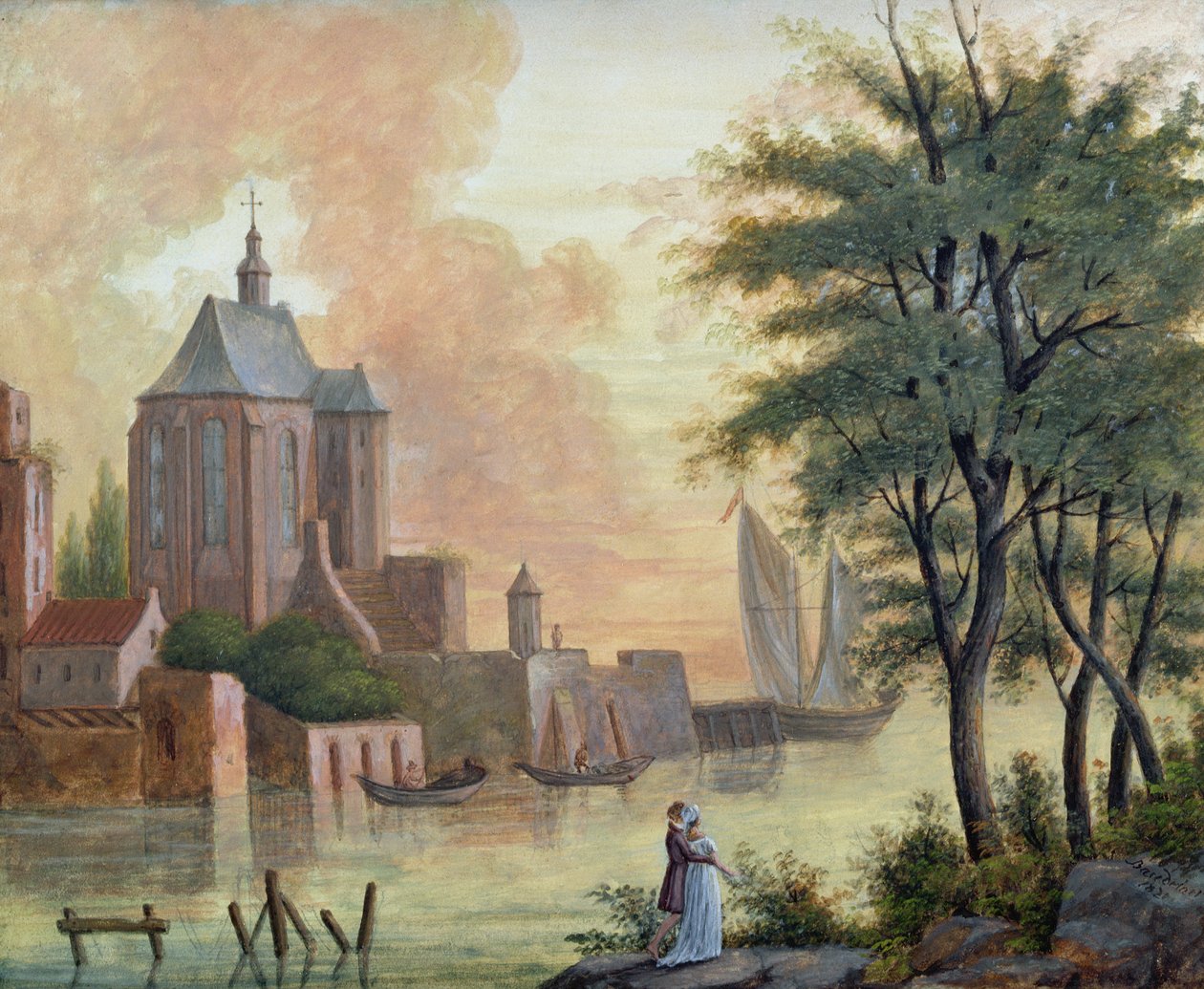 Promenade langs de rivier, 1821 door Joseph Francois Baudelaire