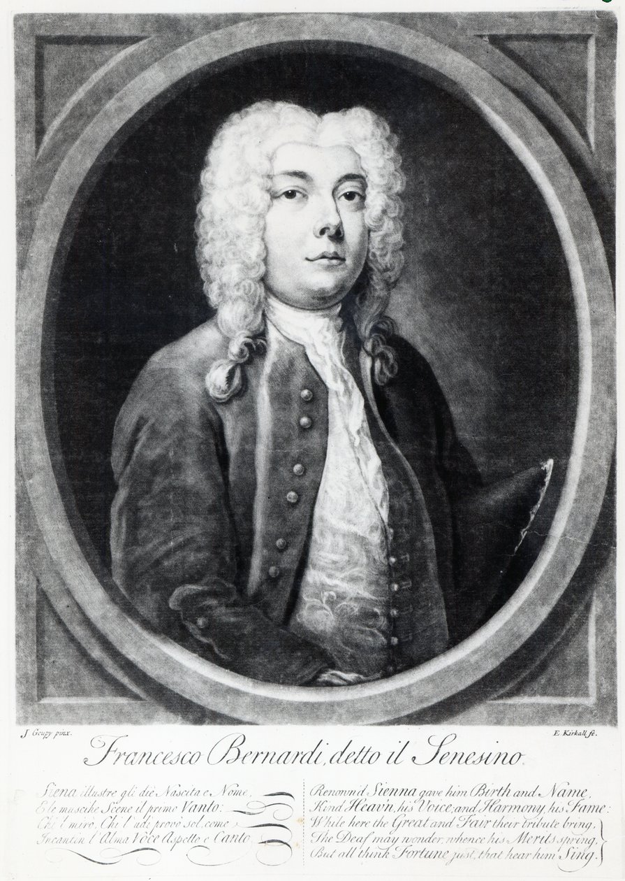 Francesco Bernardi Senesino, gegraveerd door Elisha Kirkall door Joseph Goupy