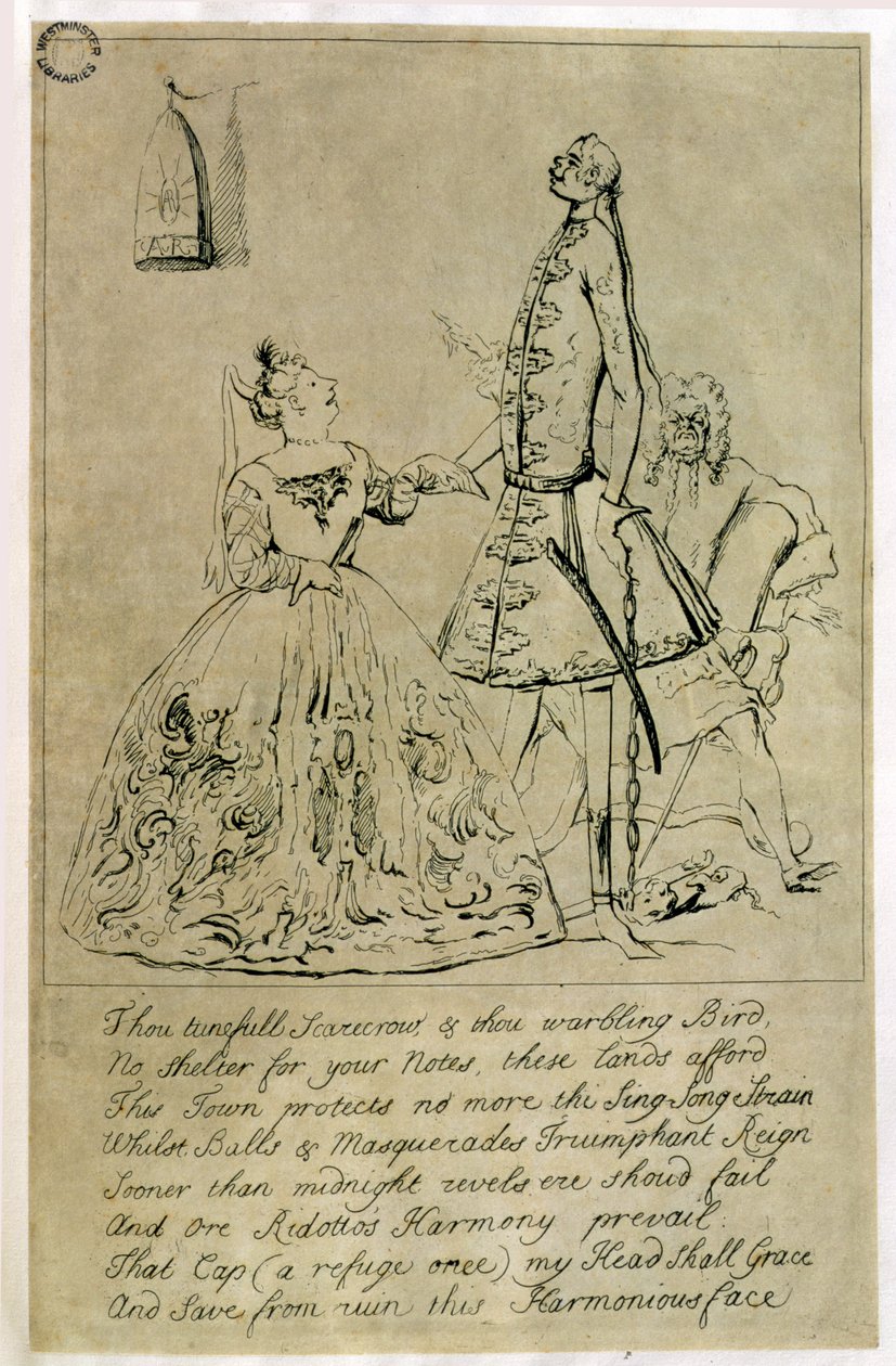 Gij Muzikale Vogelverschrikker en Gij Zingende Vogel, karikatuur van Farinelli, Cuzzoni en Heidegger, naar verluidt geëtst naar een ontwerp van de Gravin van Burlington, 1730s door Joseph Goupy