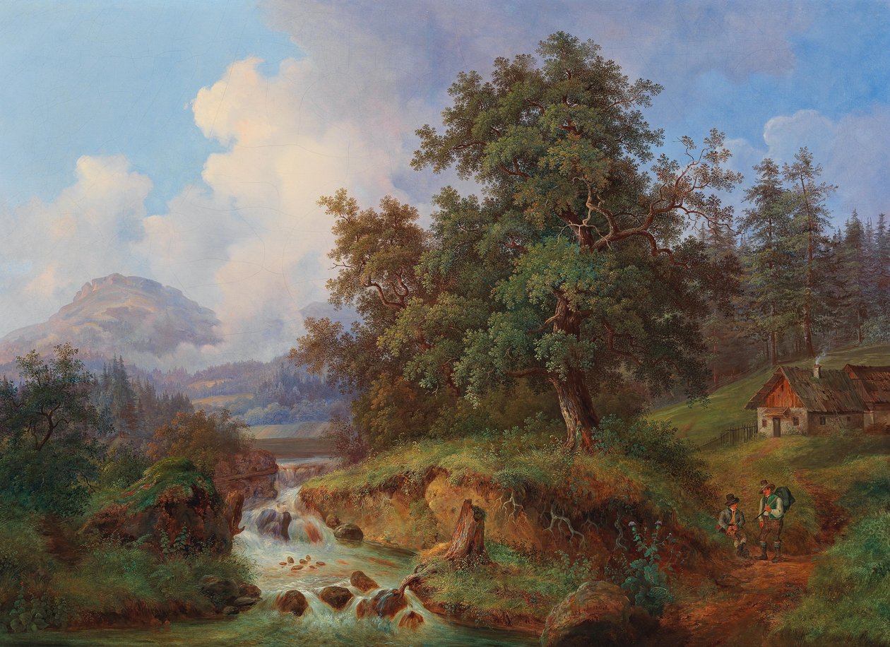 Berglandschap met wandelaars bij de rust door Joseph Jonas