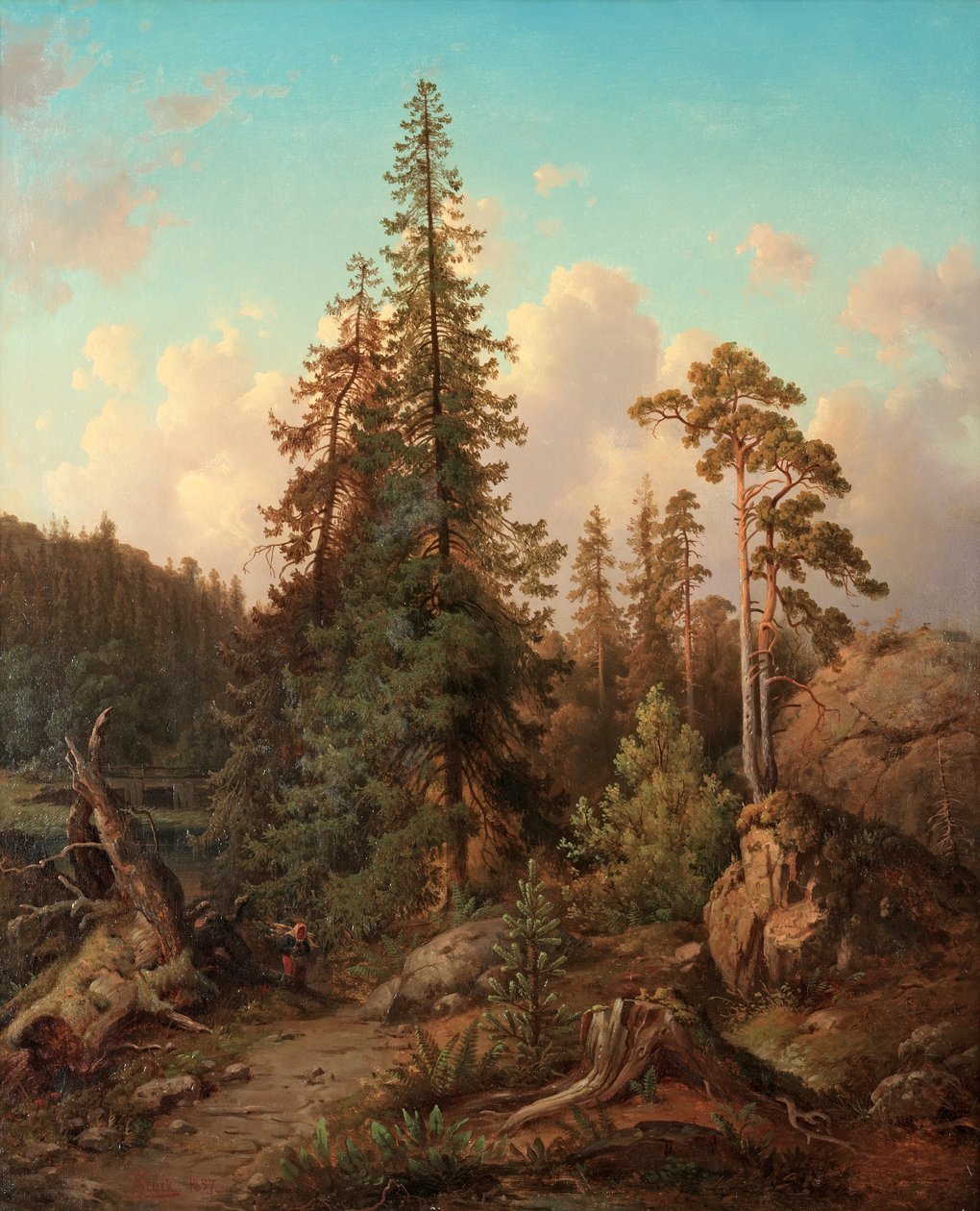 Boslandschap met vrouw die hout verzamelt door Joseph Magnus Stäck