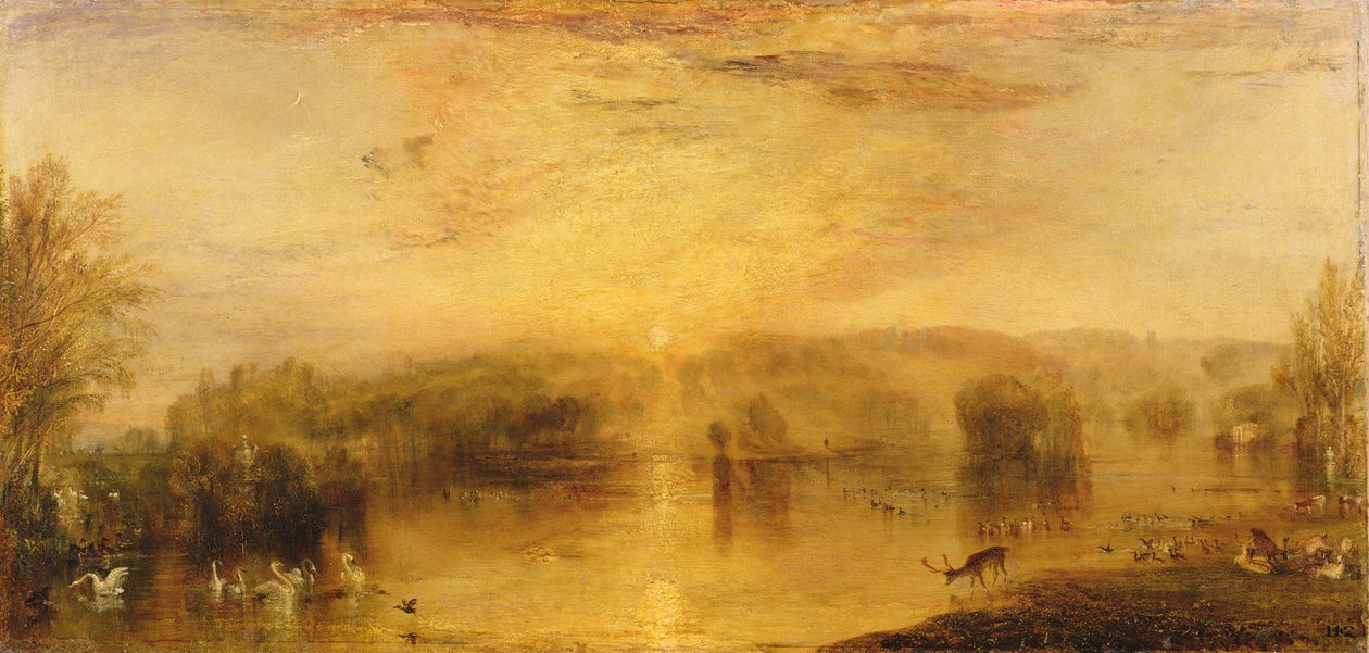Het meer, Petworth: zonsondergang, een hert drinkt door Joseph Mallord William Turner