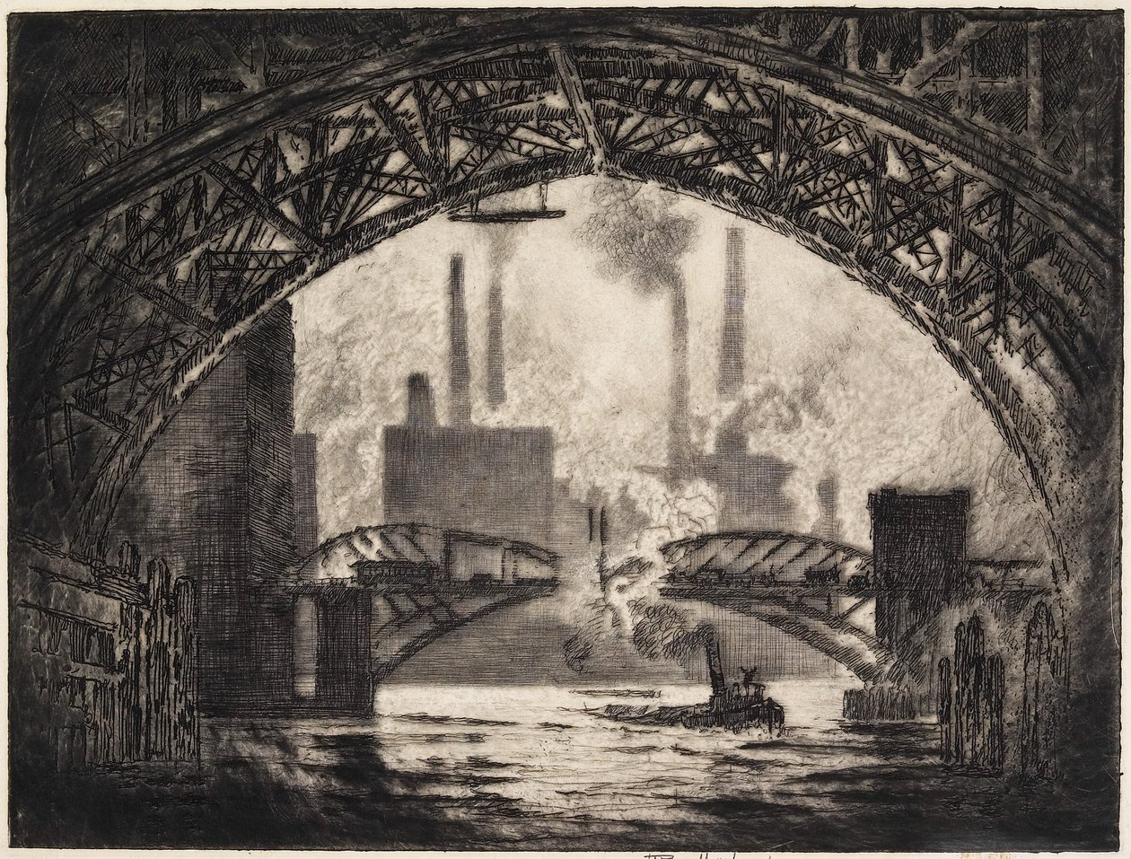 Onder de Bruggen, Chicago, 1910 door Joseph Pennell