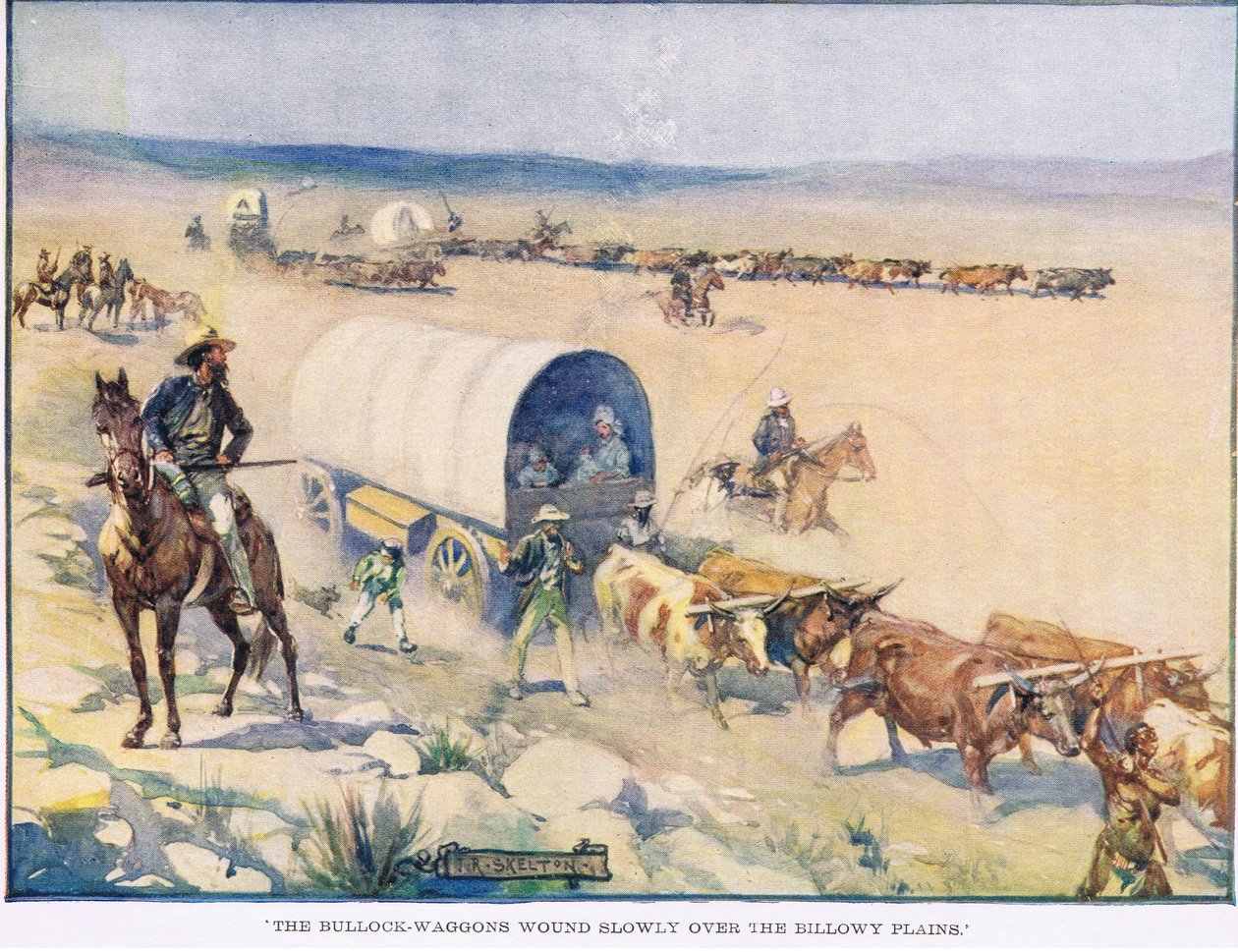 De ossenwagens kronkelden langzaam over de golvende vlaktes door Joseph Ratcliffe Skelton