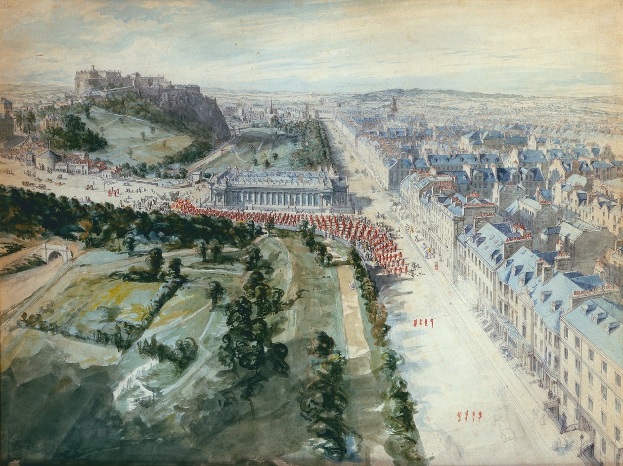 Princes Street, Edinburgh kijkend naar het westen, 10.15 uur augustus, 1847, met parade, west van de instelling door Joseph Woodfall Ebsworth