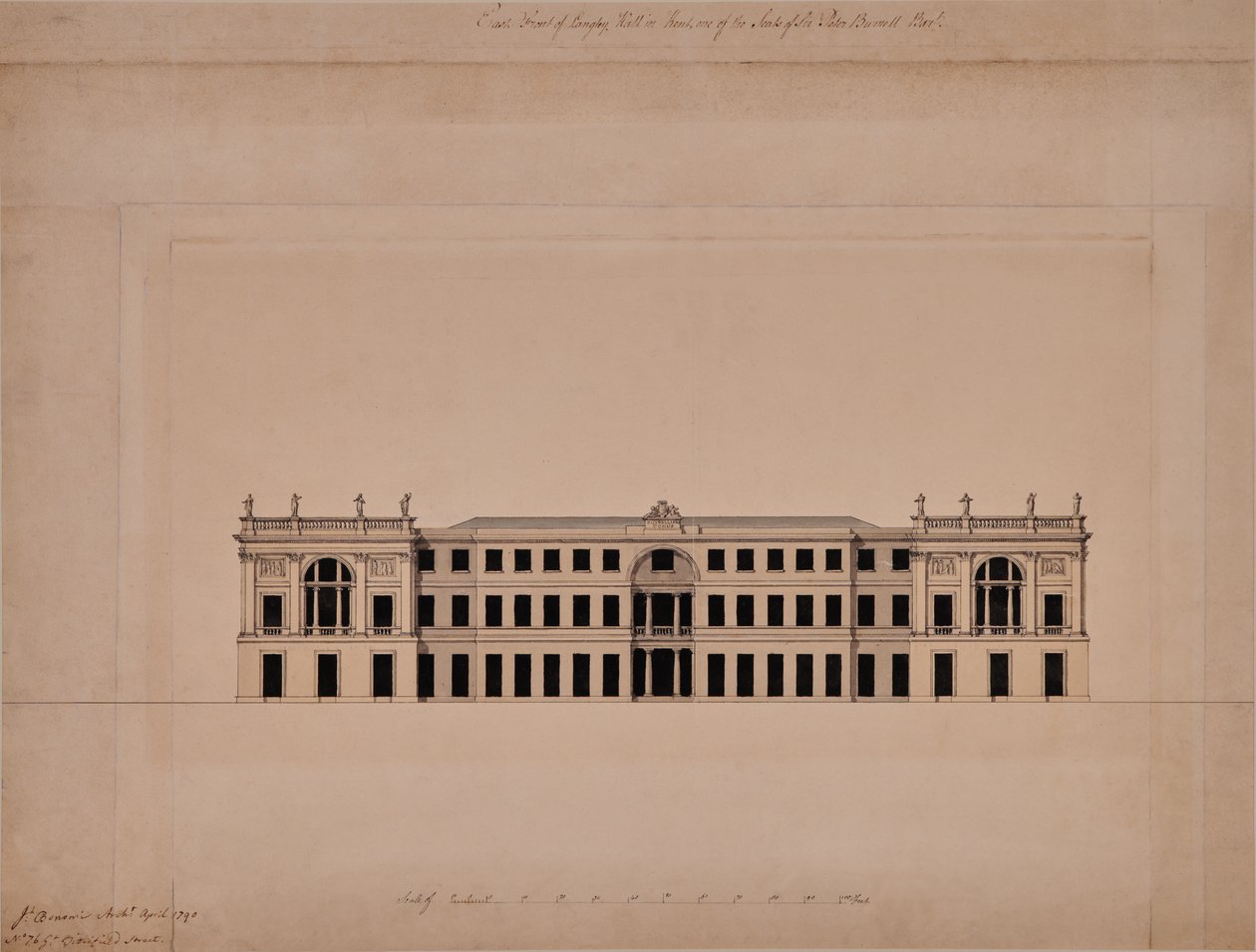 Oostelijke voorzijde van Langley Hall in Kent door Joseph Bonomi