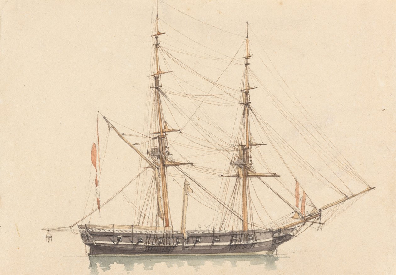 Enkele brigantijn, zeilen gestreken door Joseph Cartwright