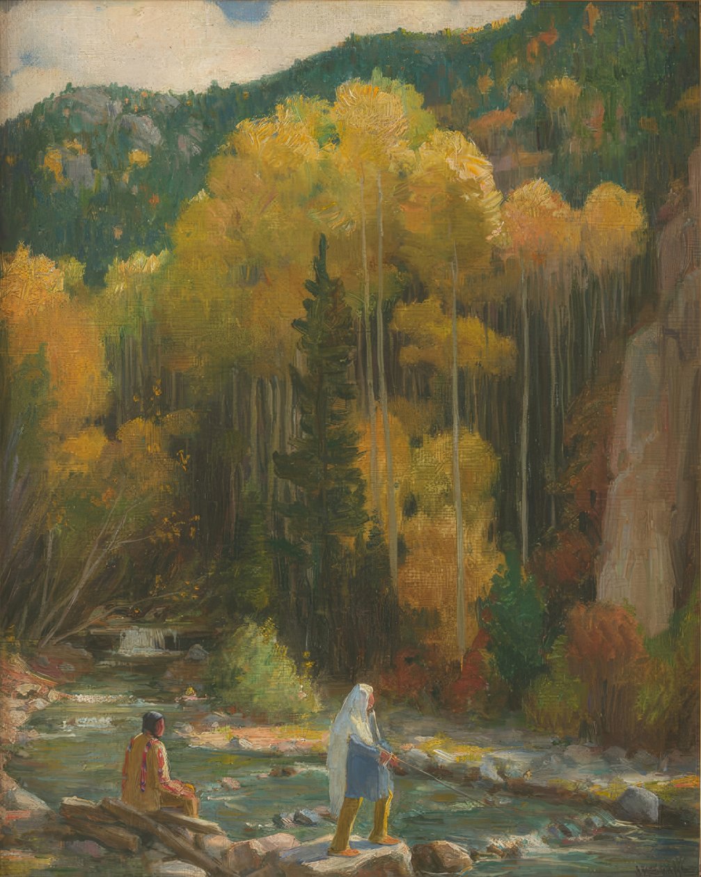 Indianen vissen, Taos Canyon door Joseph Henry Sharp
