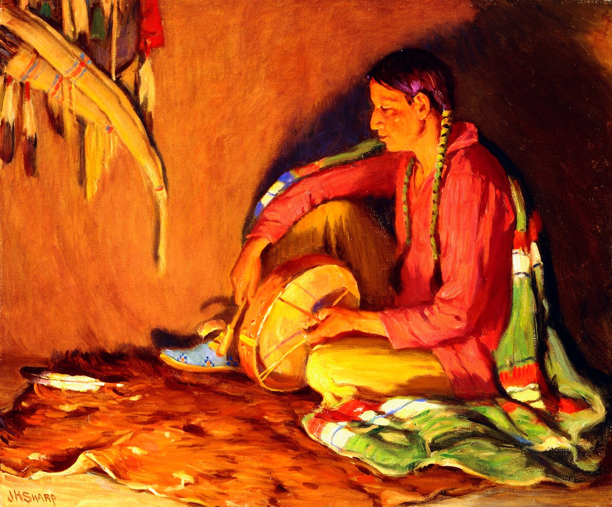 De Drummer in het Vuurlicht door Joseph Henry Sharp