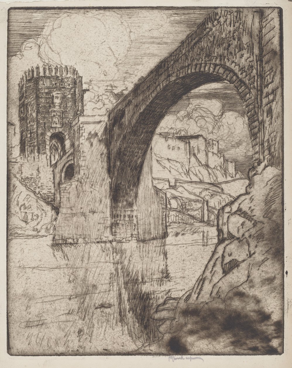 Boog van de brug van Alcantara door Joseph Pennell