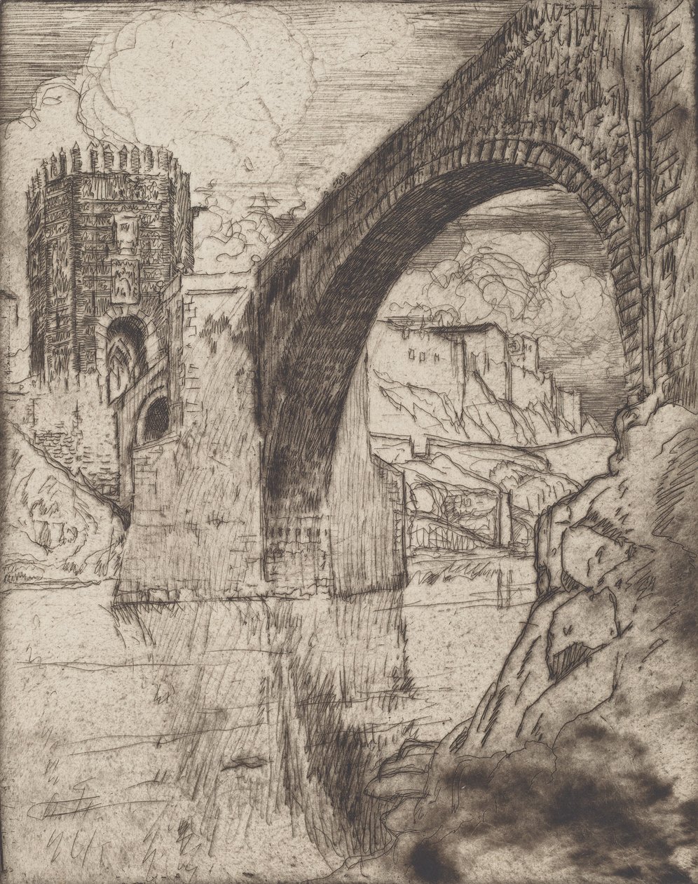 Boog van de brug van Alcantara door Joseph Pennell
