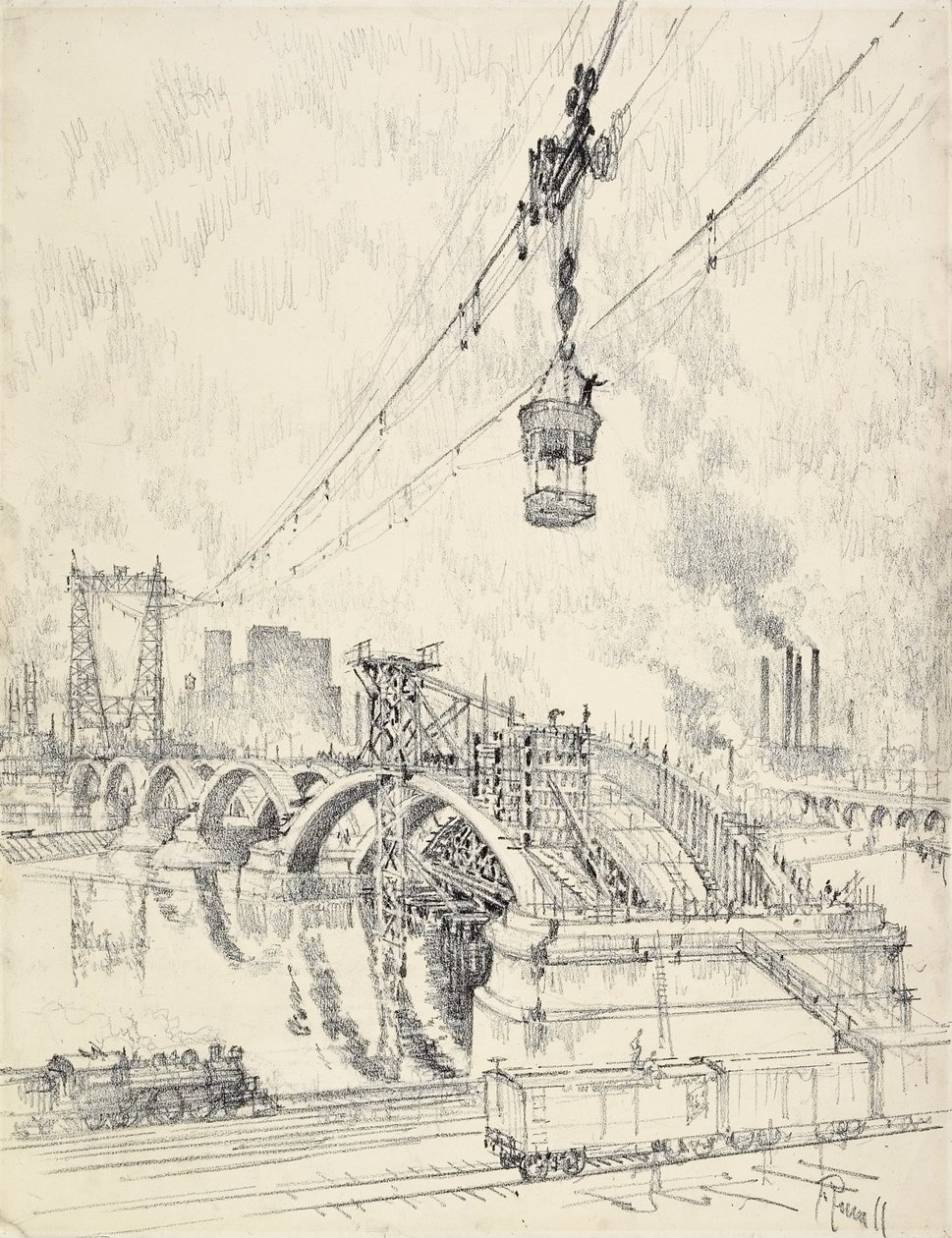 De brug bouwen, Minneapolis, 1915 door Joseph Pennell