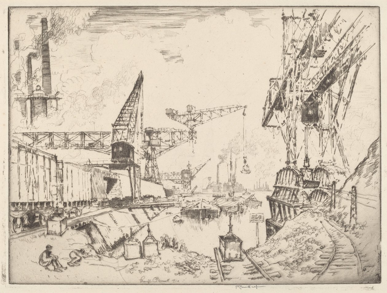 Kranen in Duisburg door Joseph Pennell