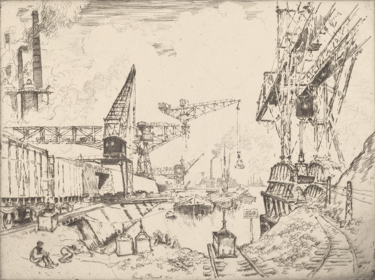 Kranen in Duisburg, 1910 door Joseph Pennell
