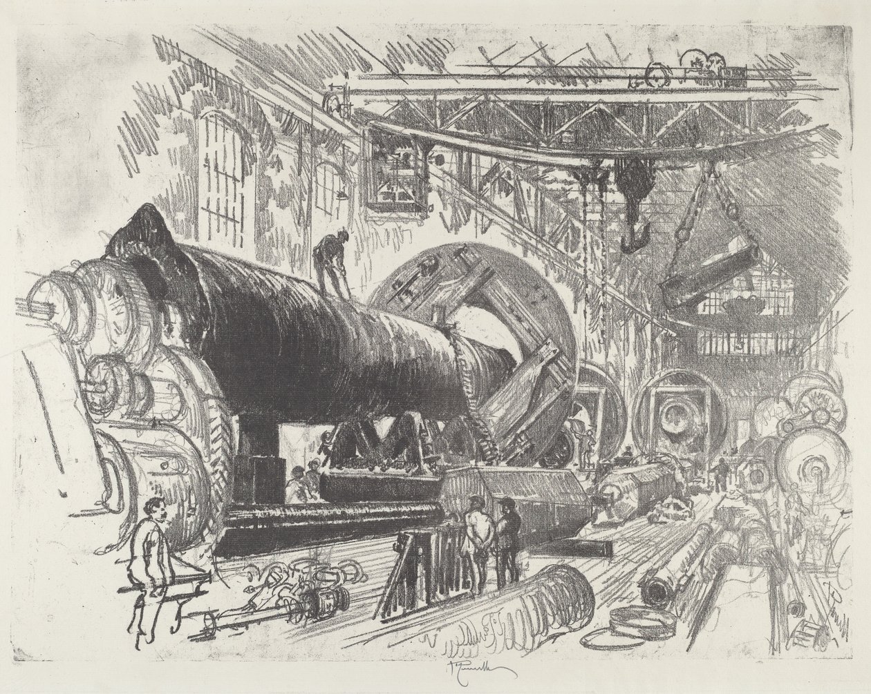Snijden en draaien van een groot kanon, 1916 door Joseph Pennell