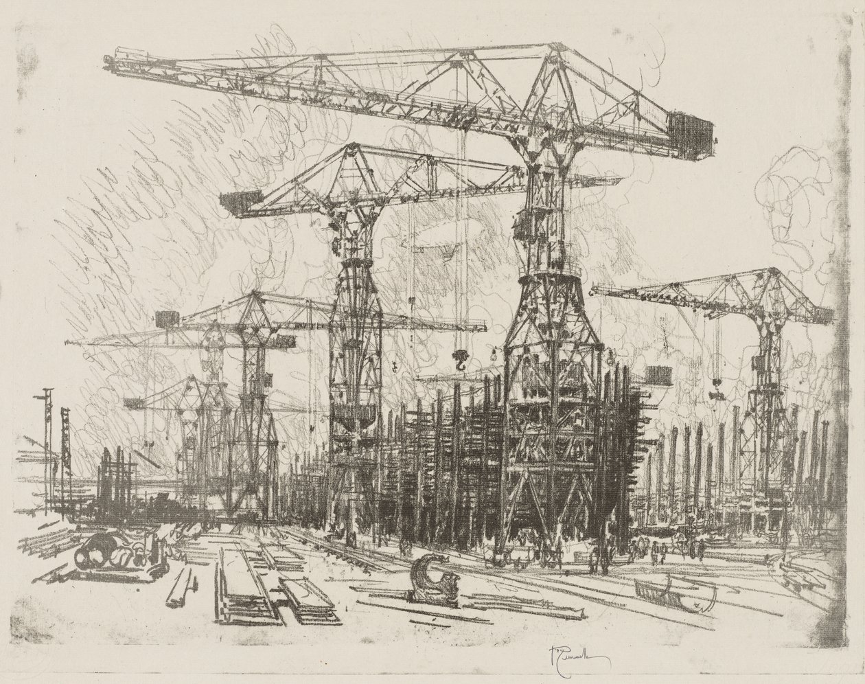 Engels Oorlogswerk: De Oude Scheepswerf door Joseph Pennell