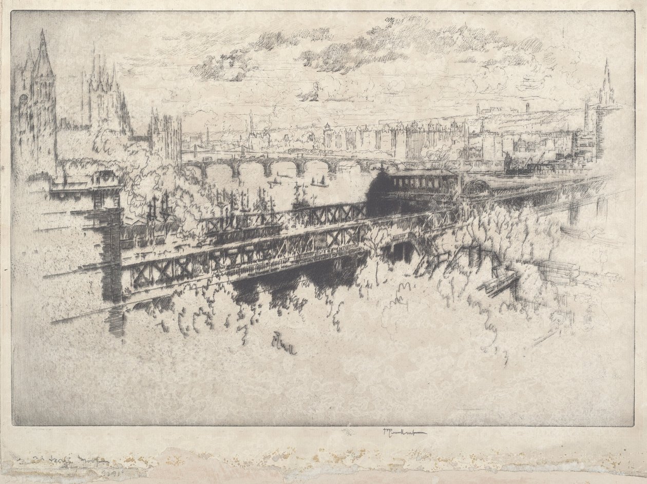 Londen over Charing Cross Bridge door Joseph Pennell