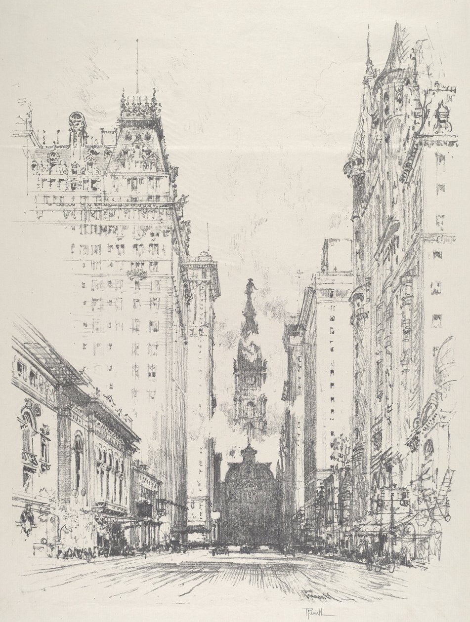Kijkend naar Broad Street vanaf Spruce Street door Joseph Pennell