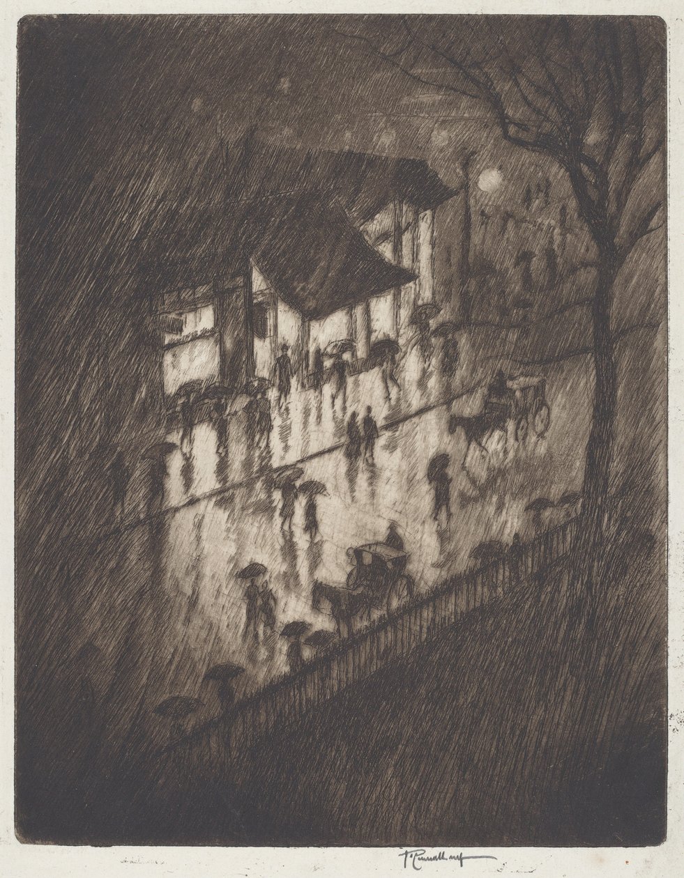 Regenachtige Nacht, Charing Cross Winkels door Joseph Pennell