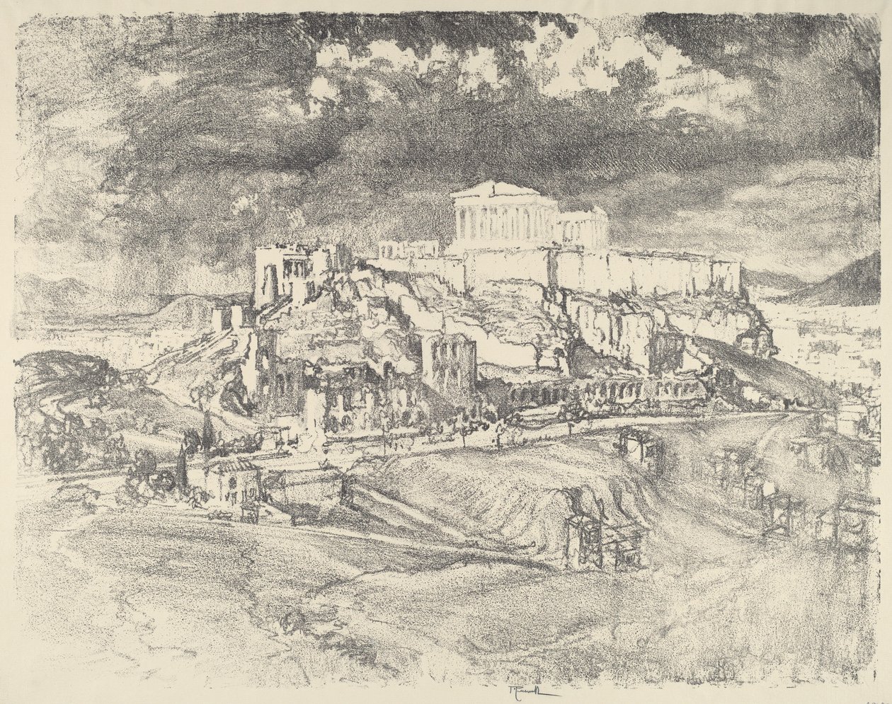 Storm achter de Akropolis door Joseph Pennell