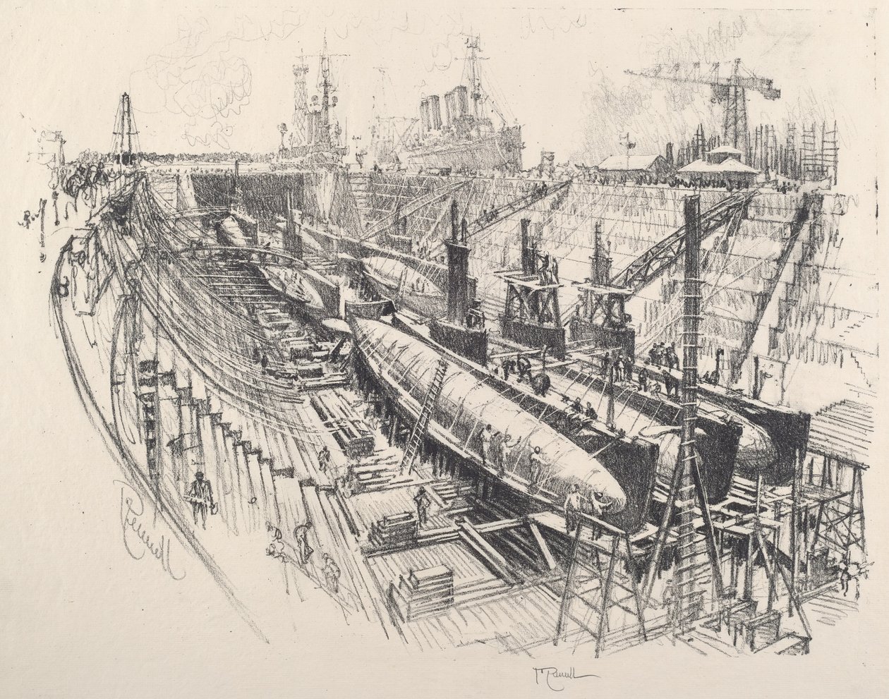 Onderzeeërs in droogdok door Joseph Pennell
