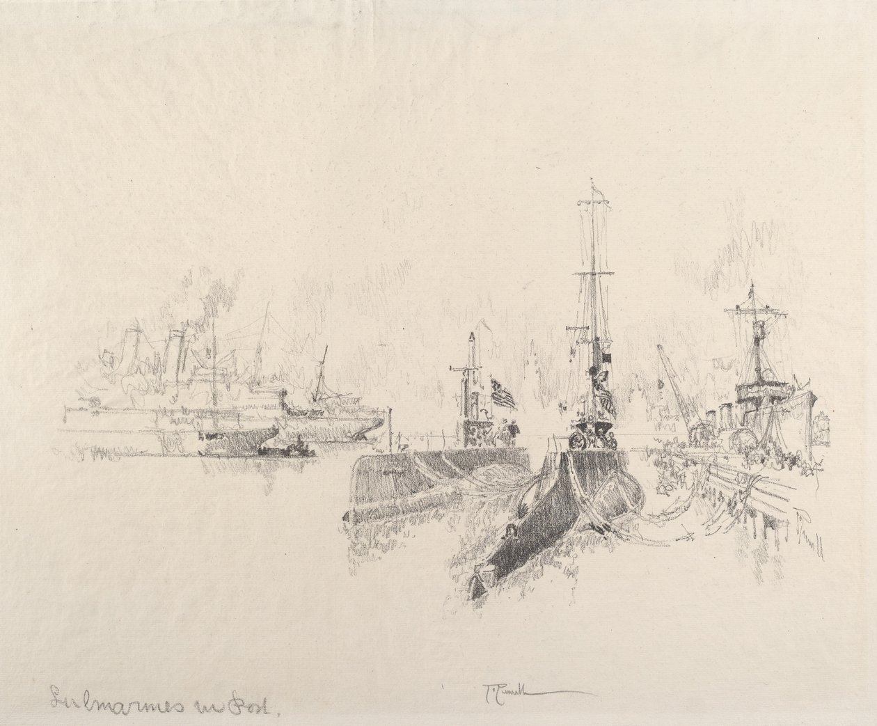 Onderzeeërs in de haven door Joseph Pennell