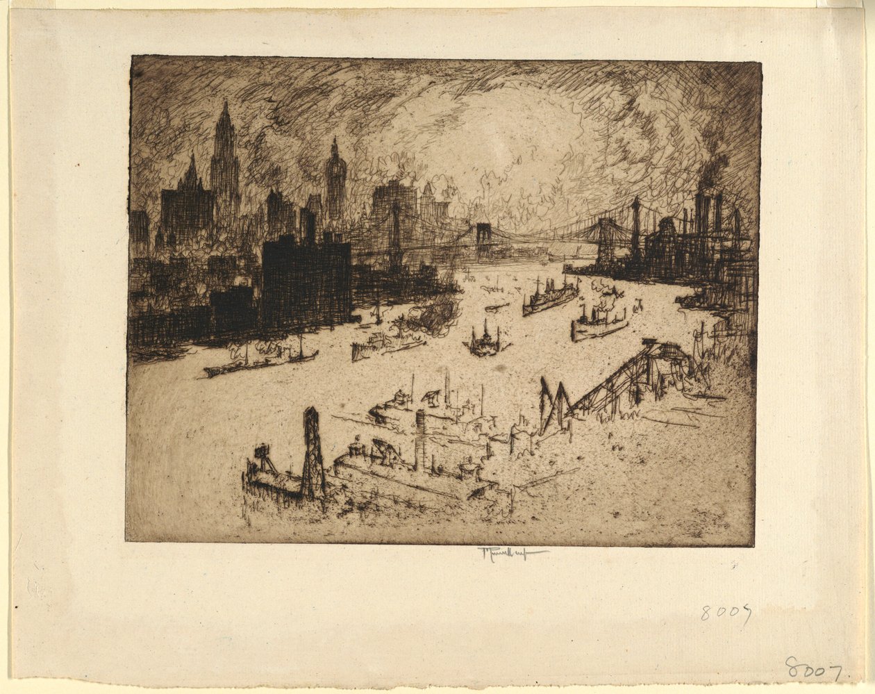 Zonsondergang vanaf Williamsburg Bridge door Joseph Pennell