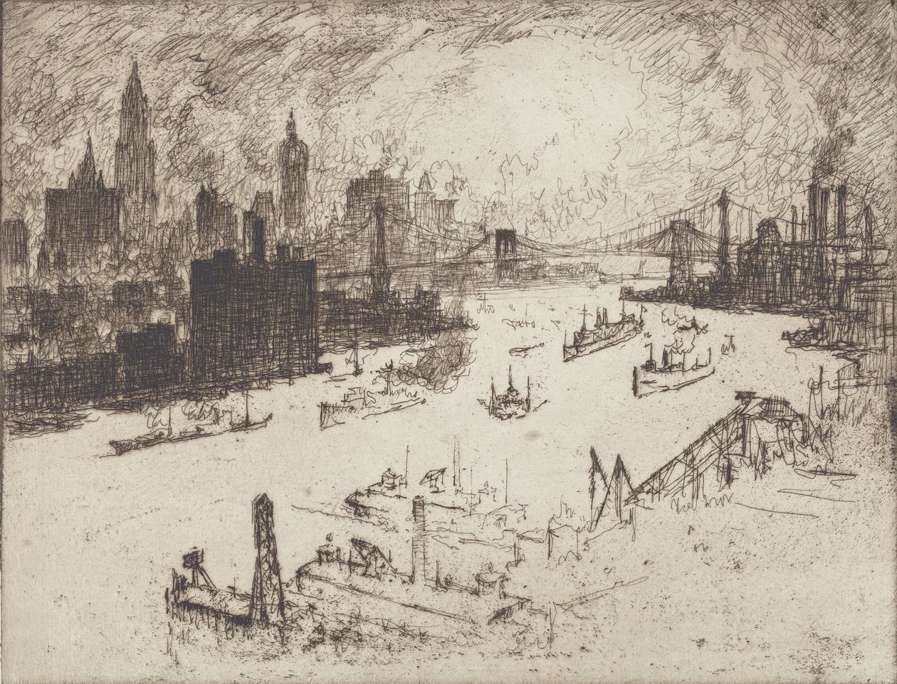 Zonsondergang, vanaf Williamsburg Bridge, 1915 door Joseph Pennell