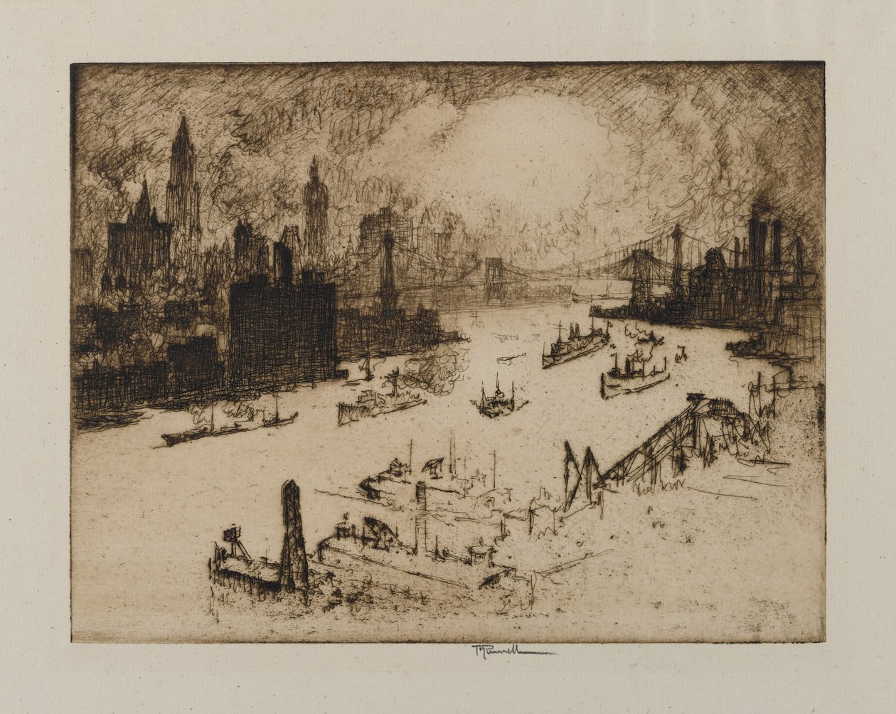 Zonsondergang vanaf Williamsburg Bridge, 1915 door Joseph Pennell