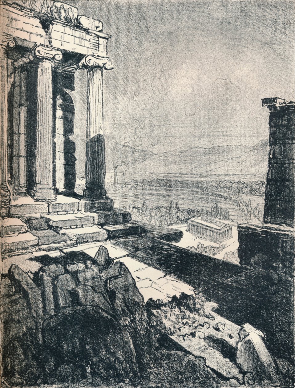 Tempel van Theseus vanaf de Akropolis door Joseph Pennell