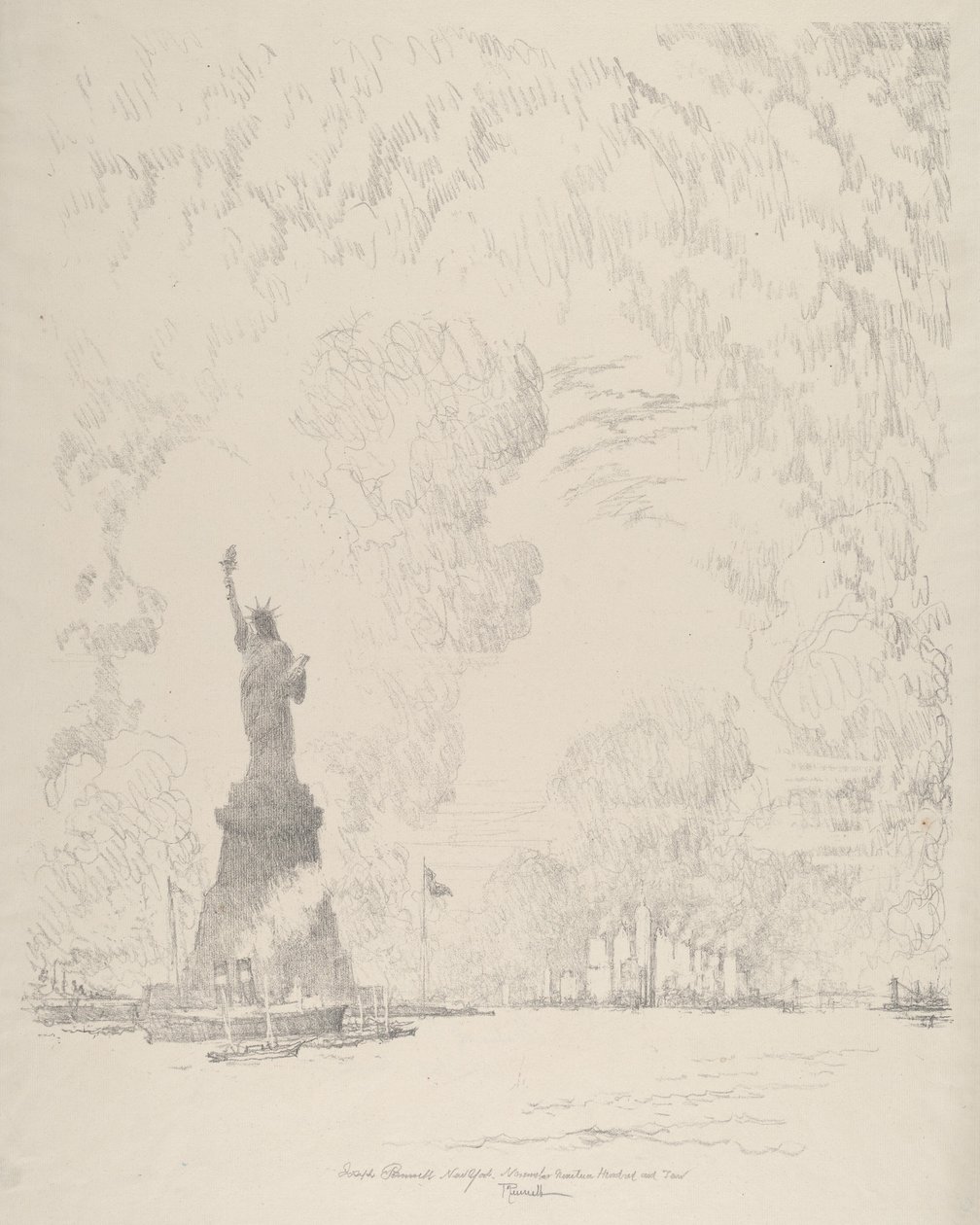 Het standbeeld, New York Bay door Joseph Pennell