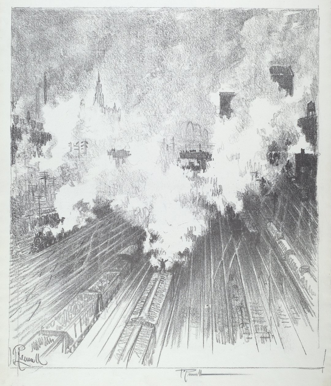 Treinwerf, St. Louis, 1919 door Joseph Pennell