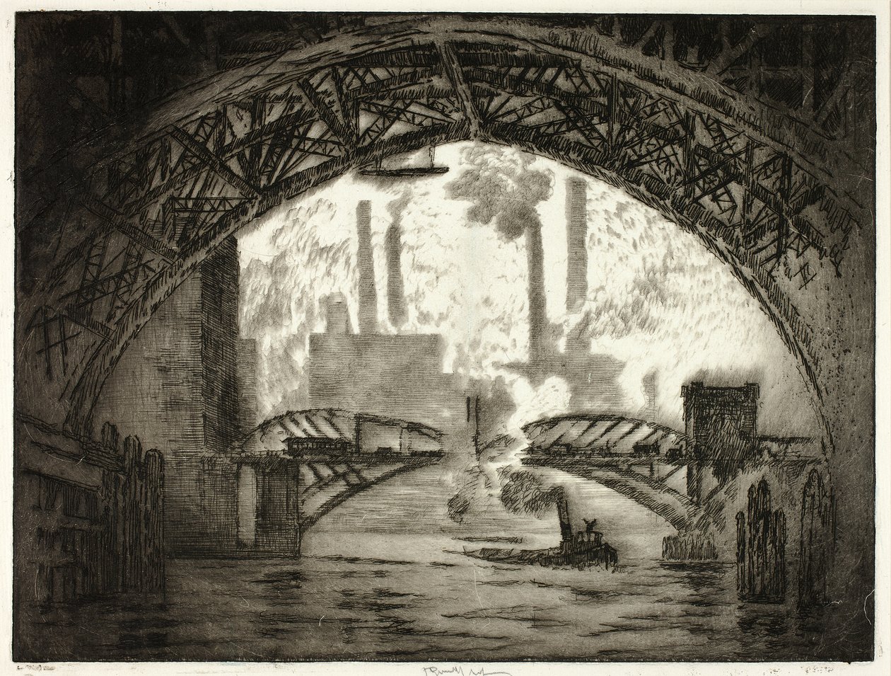 Onder de Bruggen, Chicago door Joseph Pennell