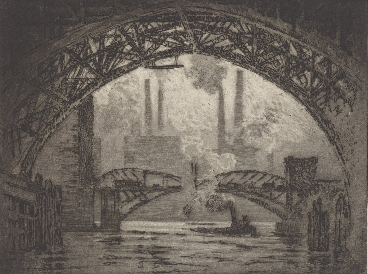 Onder de Bruggen, Chicago, 1910 door Joseph Pennell