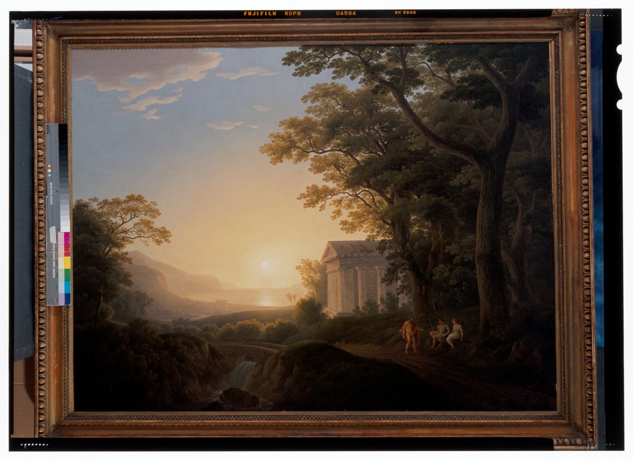 Een ideaal landschap met tempel door Joseph Rebell
