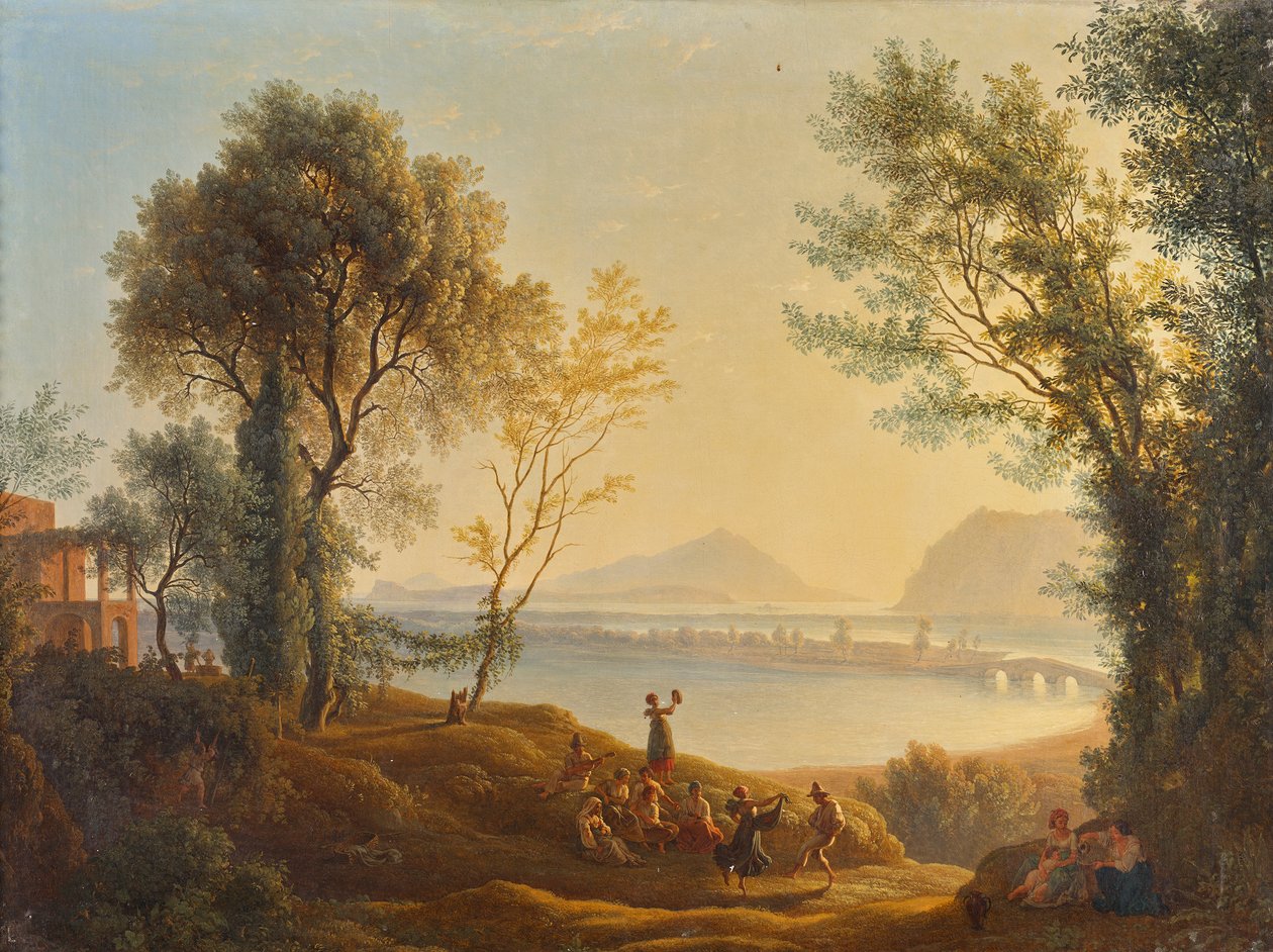 Italiaans landschap met zonsondergang door Joseph Rebell
