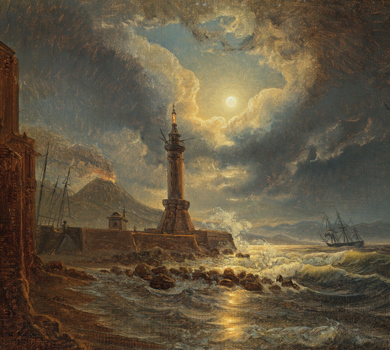 Vuurtoren in de haven van Napels bij maanlicht door Joseph Rebell