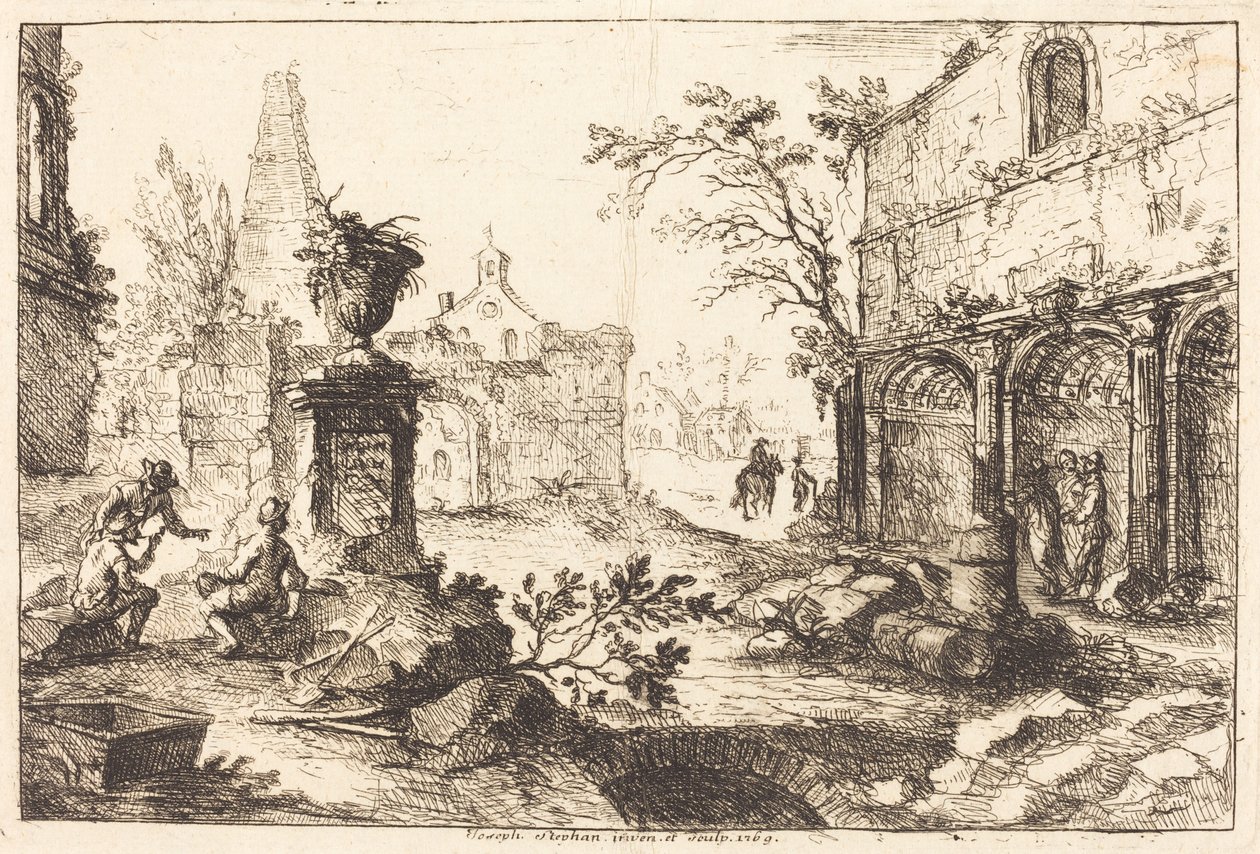 Architectonische fantasie met Romeinse ruïnes door Joseph Stephan