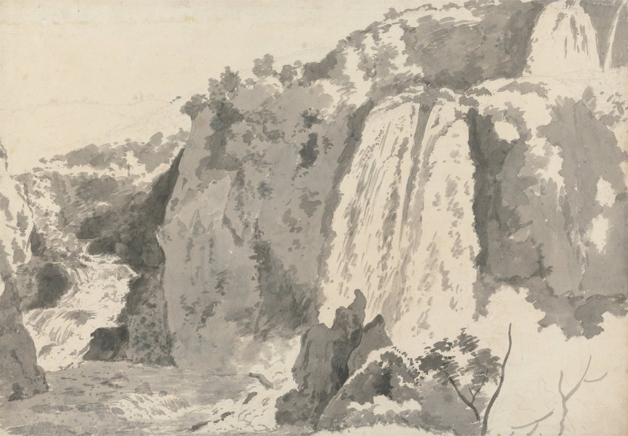 Rotsachtig landschap met watervallen door Joseph Wright of Derby