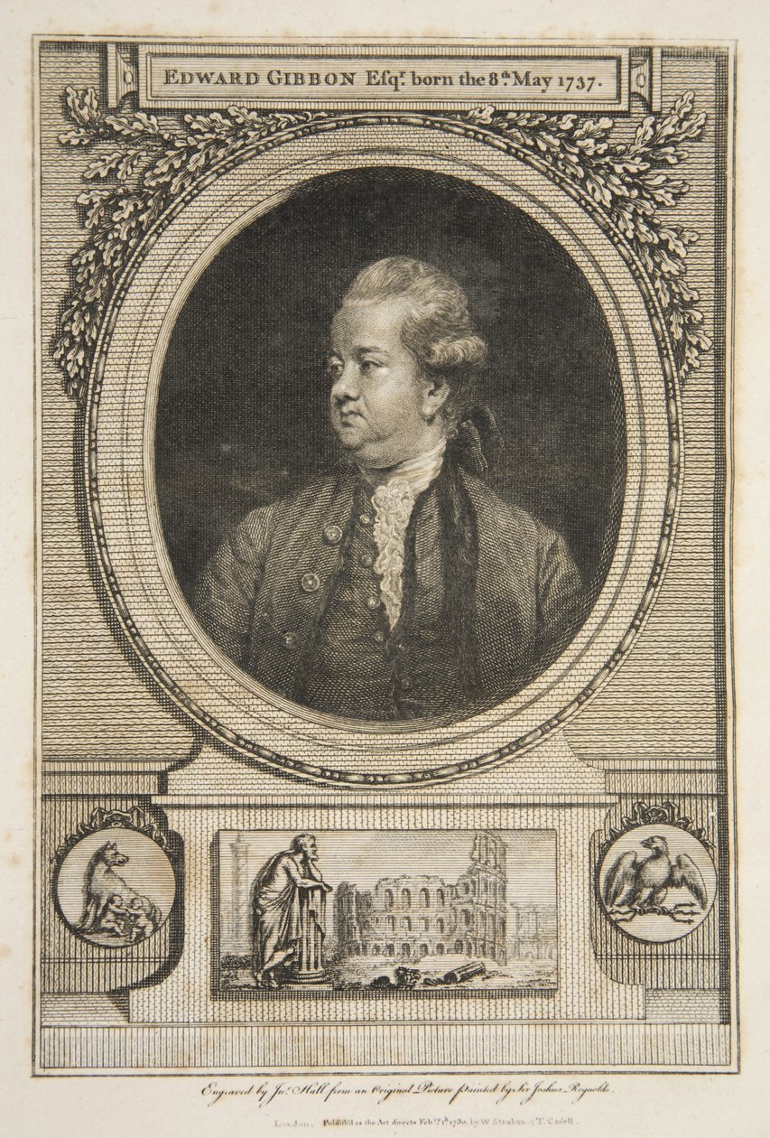 Edward Gibbon, Esq., uitgegeven 1730 (gravure) door Joshua (after) Reynolds