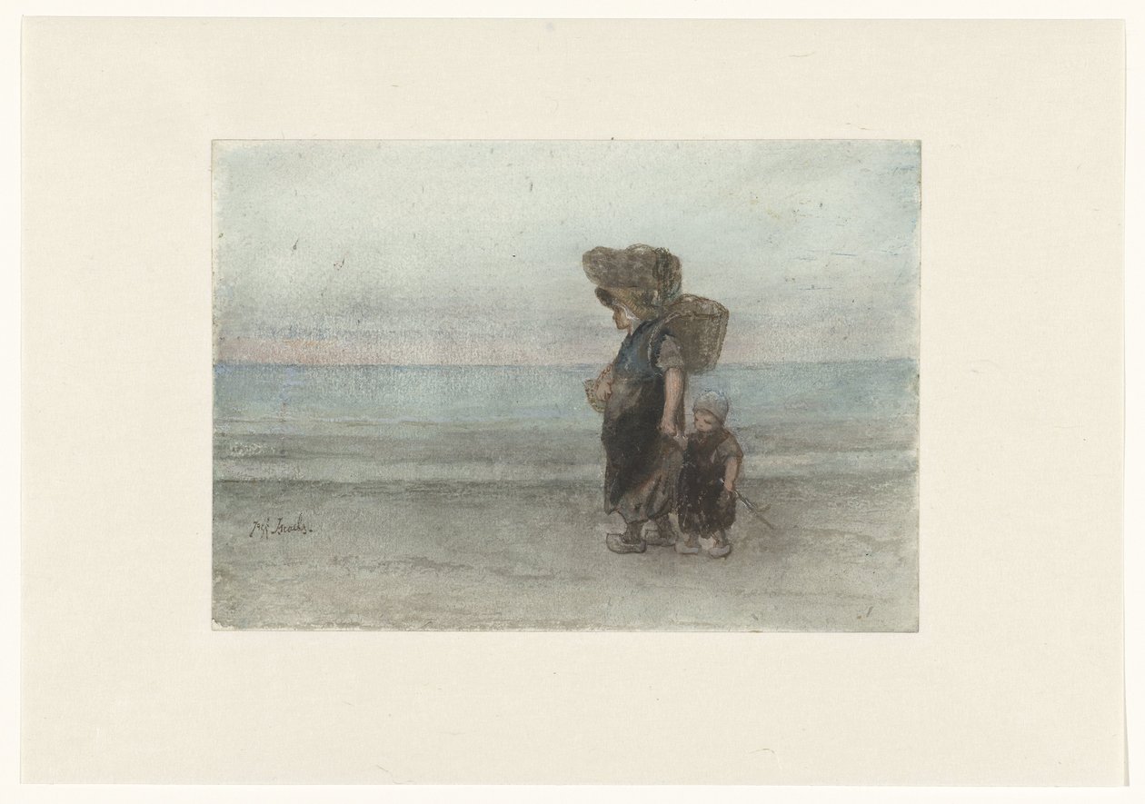 Vrouw met kind, lopend over het strand door Jozef Israëls